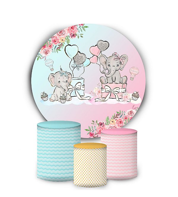 Kit Painel Redondo De Festa e Capas de Cilindro em tecido sublimado Elefantinho Azul e Rosa