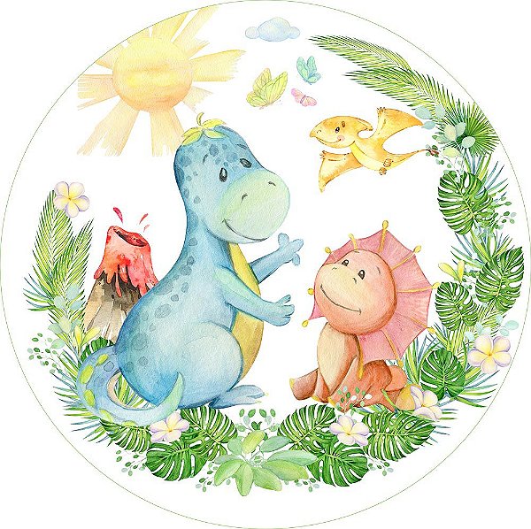 Painel de Festa Redondo em Tecido Sublimado Dinos Baby Aquarela c/elástico