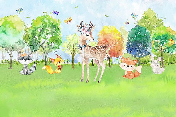Painel de Festa em Tecido Sublimado 3d Belo Bosque Aquarela