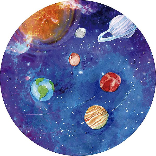 Painel de Festa Redondo em Tecido Sublimado Planetas Aquarela c/elástico