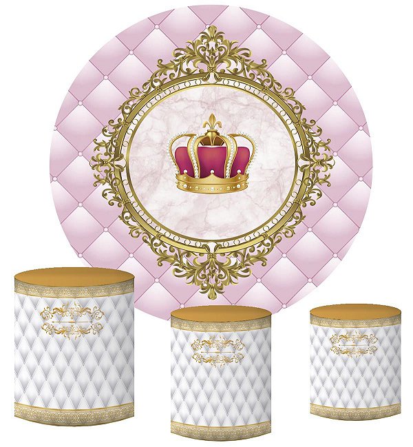 Kit Painel Redondo De Festa e Capas de Cilindro em tecido sublimado Realeza Rosa