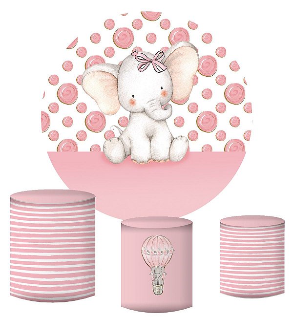 Kit Painel Redondo De Festa e Capas de Cilindro em tecido sublimado Elefantinho Rosa com Lacinho