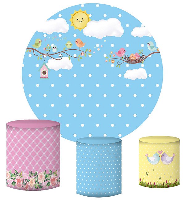 Kit Painel Redondo De Festa e Capas de Cilindro em tecido sublimado Passarinhos Fundo Azul