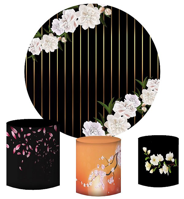Kit Painel Redondo De Festa e Capas de Cilindro em tecido Listras e Flores