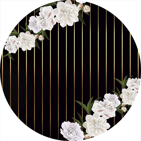 Painel de Festa Redondo em Tecido Sublimado Flores Listras Douradas c/elástico
