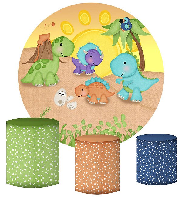Kit Painel Redondo De Festa e Capas de Cilindro em tecido Dinossauros Roar Sol