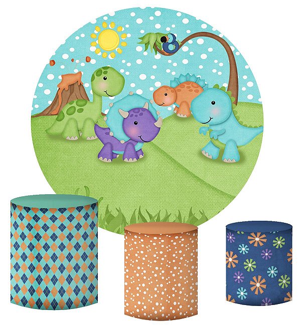 Kit Painel Redondo De Festa e Capas de Cilindro em tecido Dinossauros Cute Sol