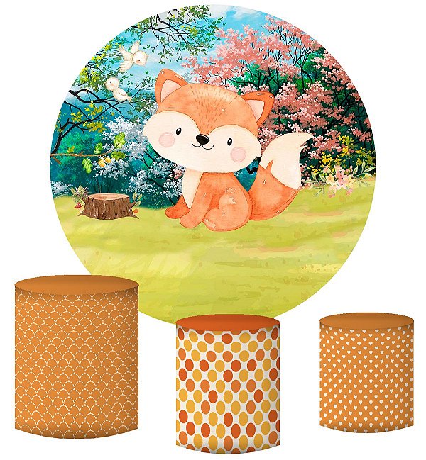 Kit Painel Redondo De Festa e Capas de Cilindro em tecido Raposinha Bosque Outono