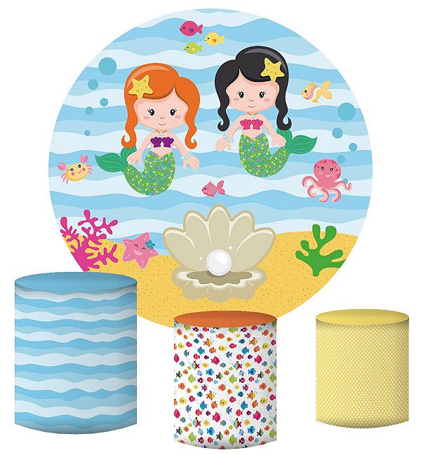 Kit Painel Redondo De Festa e Capas de Cilindro em tecido Lindas Sereias Cute