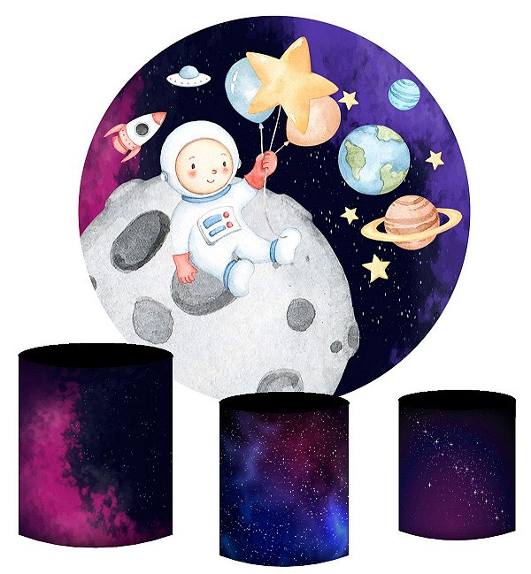 Kit Painel Redondo De Festa e Capas de Cilindro em tecido Astronauta Aquarela no espaço