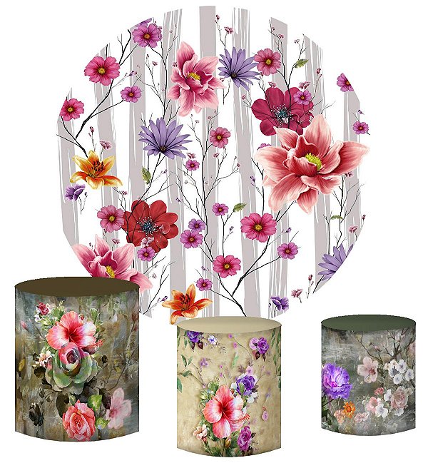 Kit Painel Redondo De Festa e Capas de Cilindro em tecido Pintura de Flores
