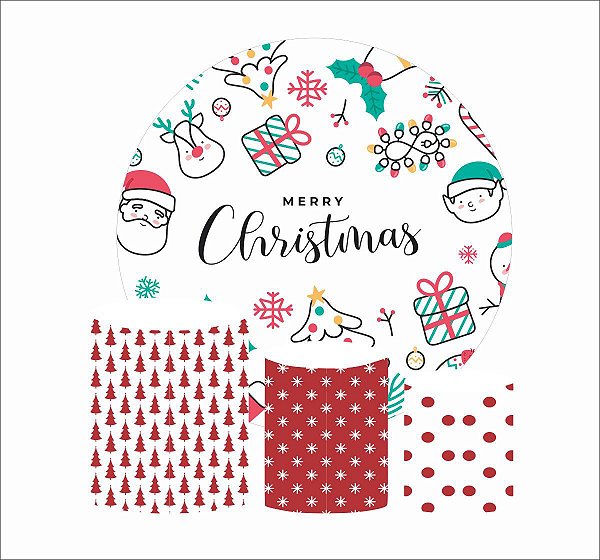 Kit Painel Redondo De Festa e Capas de Cilindro em tecido Merry Christmas Natal
