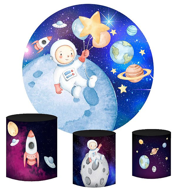 Kit Painel Redondo De Festa e Capas de Cilindro em tecido Lindo Astronauta Aquarela