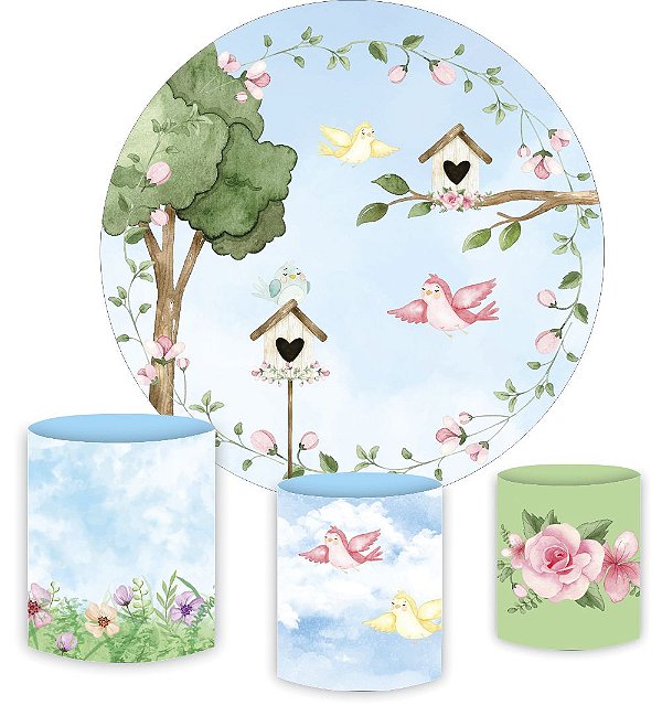 Kit Painel Redondo De Festa e Capas de Cilindro em tecido Jardim e Passarinhos