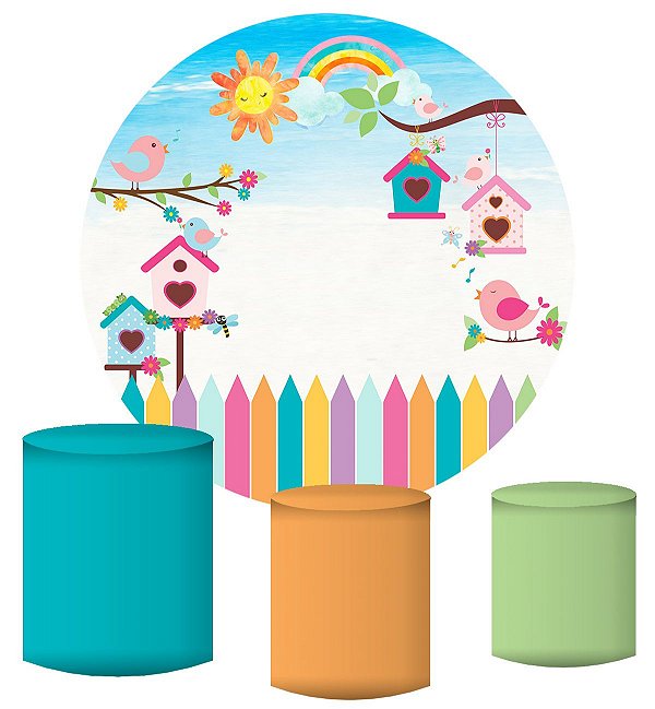 Kit Painel Redondo De Festa e Capas de Cilindro em tecido Passarinhos Coloridos