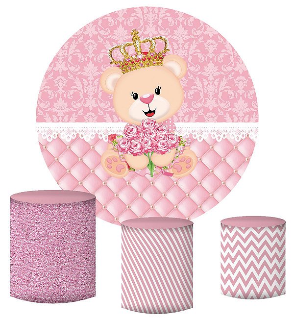 Kit Painel Redondo De Festa e Capas de Cilindro em tecido Ursinha Princesa Realeza