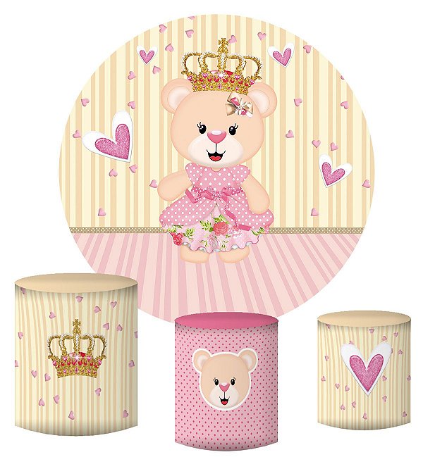 Kit Painel Redondo De Festa e Capas de Cilindro em tecido sublimado Ursinha Princesa Coração