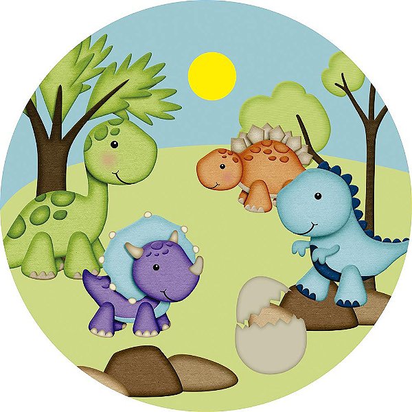 Painel de Festa Redondo em Tecido Sublimado Dinossauros Cute Sol