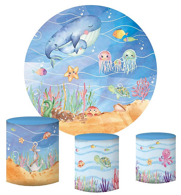 Kit Painel Redondo De Festa e Capas de Cilindro em tecido sublimado Fundo do Mar Aquarelado