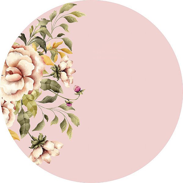 Painel de Festa Redondo em Tecido Sublimado Folhagens Rosé Gold