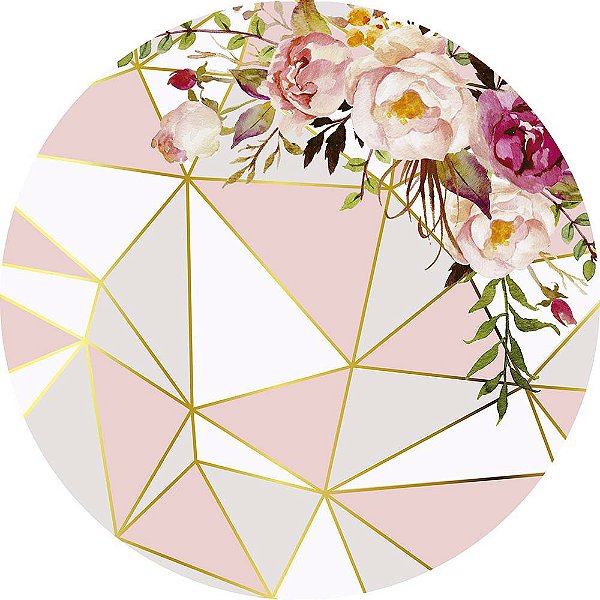 Painel de Festa Redondo em Tecido Sublimado Geométrico Rosé e Dourado