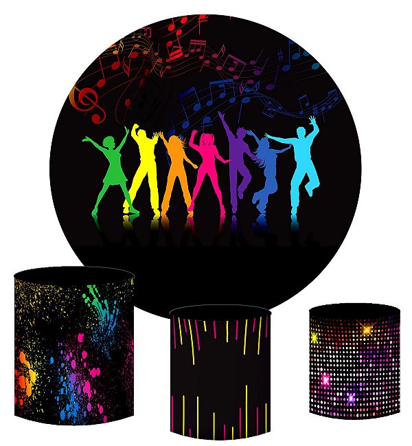 Kit Painel Redondo De Festa e Capas de Cilindro em tecido sublimado Festinha Neon
