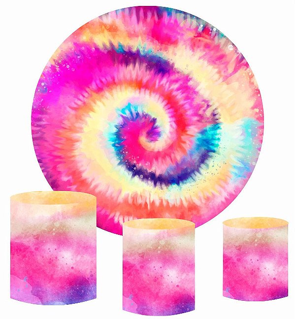 Kit Painel Redondo De Festa e Capas de Cilindro em tecido sublimado Tie Dye