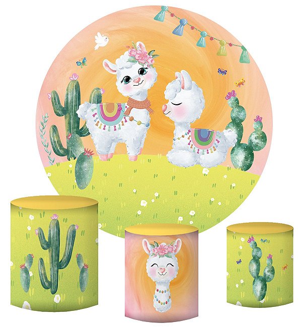 Kit Painel Redondo De Festa e Capas de Cilindro em tecido sublimado Jardim das Lhamas