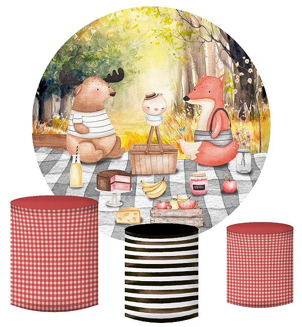 Kit Painel Redondo De Festa e Capas de Cilindro em tecido sublimado Piquenique Bosque Outono
