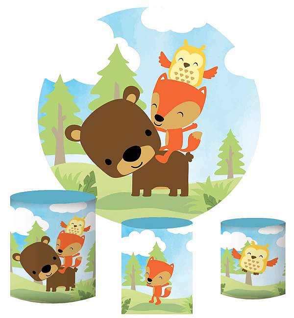 Kit Painel Redondo De Festa e Capas de Cilindro em tecido sublimado Ursinho no Bosque