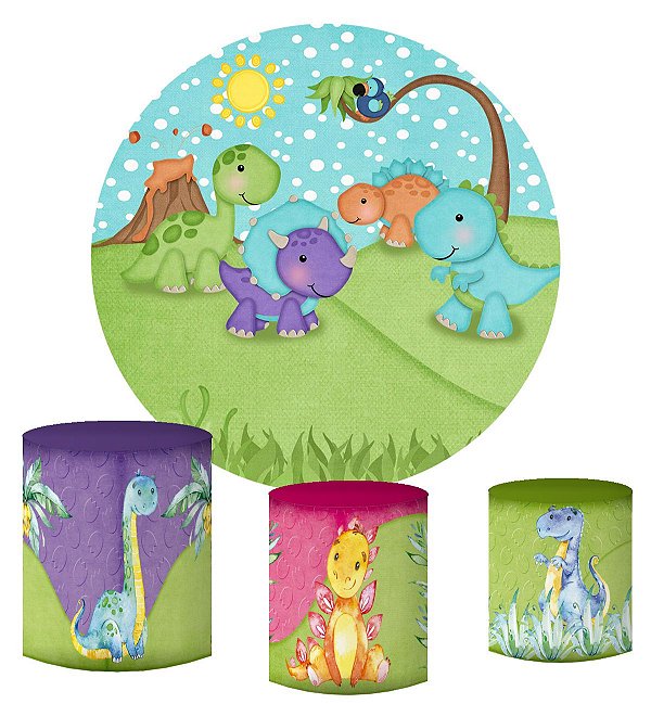 Kit Painel Redondo De Festa e Capas de Cilindro em tecido sublimado Dinossauros Aquarelados