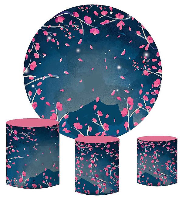 Kit Painel Redondo De Festa e Capas de Cilindro em tecido sublimado Cerejeira Fundo Azul