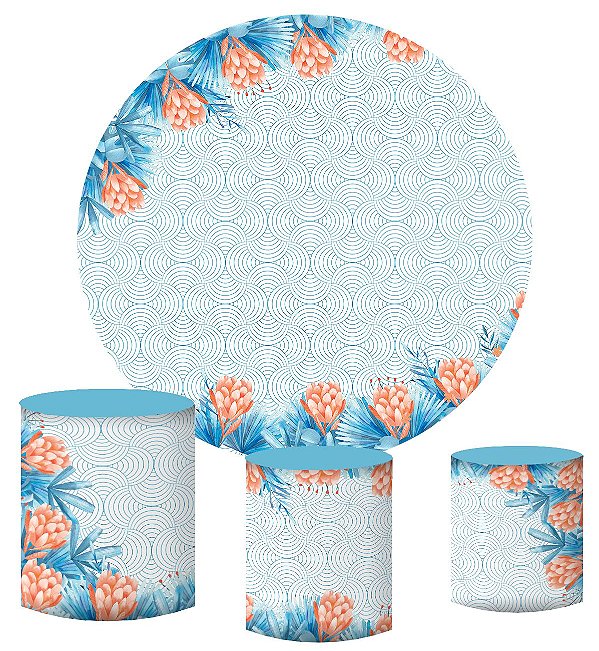 Kit Painel Redondo De Festa e Capas de Cilindro em tecido sublimado Flores e Ondas Geométricas