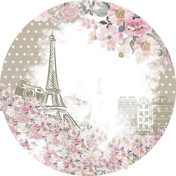 Painel de Festa Redondo em Tecido Sublimado Paris Flores