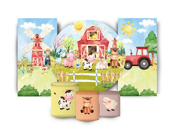 Super Kit Painel De Festa e Capas de Cilindro em tecido sublimado Fazendinha