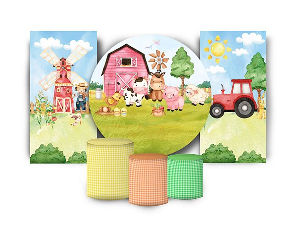 Super Kit Painel De Festa e Capas de Cilindro em tecido sublimado Linda Fazendinha