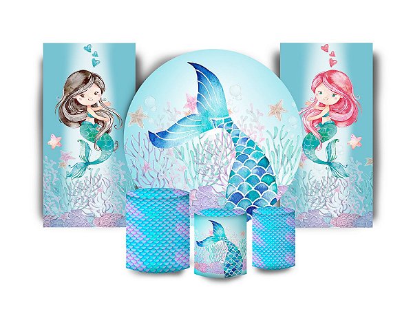 Super Kit Painel De Festa e Capas de Cilindro em tecido sublimado Sereias