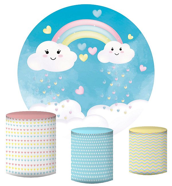 Kit Painel Redondo De Festa e Capas de Cilindro em tecido sublimado Chuva de Amor Corações