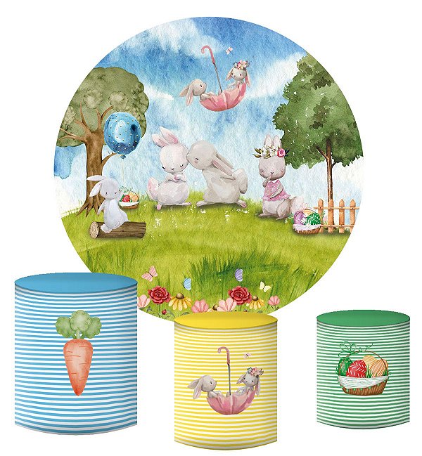 Kit Painel Redondo De Festa e Capas de Cilindro em tecido sublimado Coelhos da Páscoa