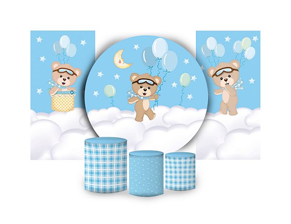 Super Kit Painel De Festa e Capas de Cilindro em tecido sublimado Ursinho Baloeiro