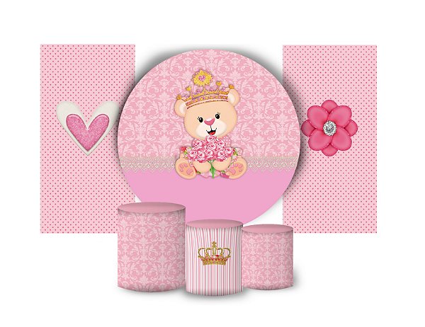 Super Kit Painel De Festa e Capas de Cilindro em tecido sublimado Ursinha Princesa