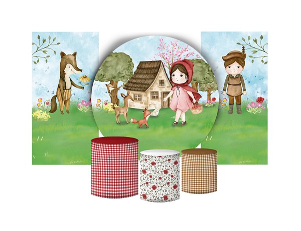 Super Kit Painel De Festa e Capas de Cilindro em tecido sublimado Chapeuzinho Vermelho