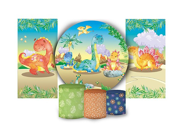 Super Kit Painel De Festa e Capas de Cilindro em tecido sublimado Dinossauros Vulcões