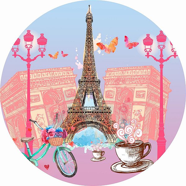 Painel de Festa Redondo em Tecido Sublimado Paris Love