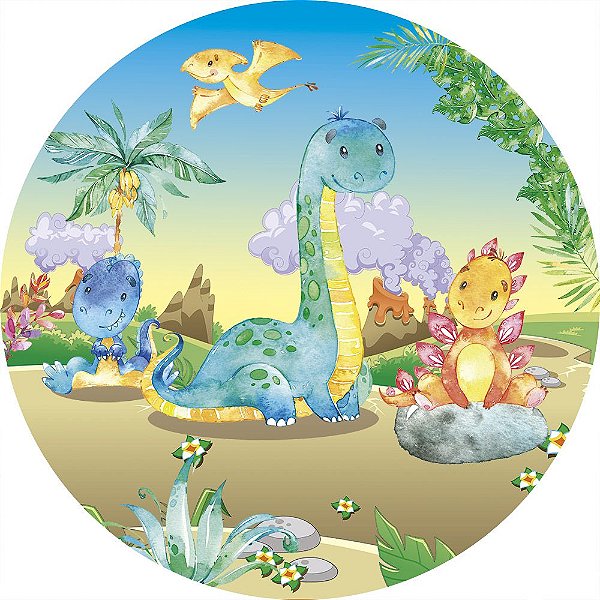 Painel de Festa Redondo em Tecido Sublimado Dinossauros Vulcões