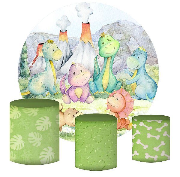 Kit Painel Redondo De Festa e Capas de Cilindro em tecido sublimado Dinos Fundo Verdinho