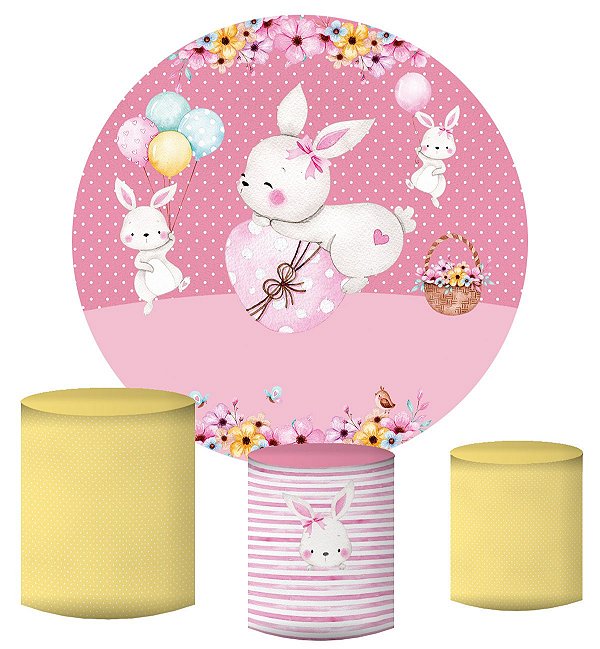 Kit Painel Redondo De Festa e Capas de Cilindro em tecido sublimado Linda e Doce Páscoa