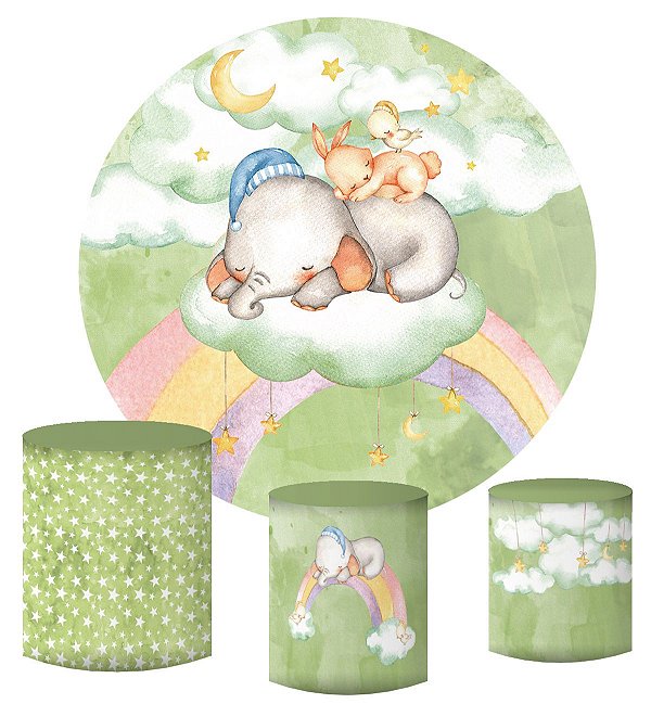 Kit Painel Redondo De Festa e Capas de Cilindro em tecido sublimado Elefantinho Verde Candy