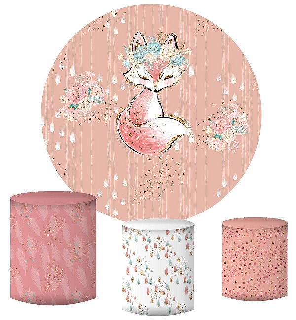 Kit Painel Redondo De Festa e Capas de Cilindro em tecido sublimado Raposinha Glitter