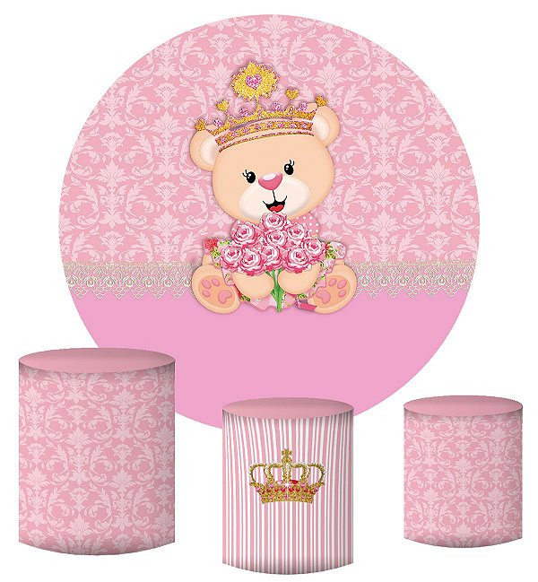 Kit Painel Redondo De Festa e Capas de Cilindro em tecido sublimado Ursinha Princesa Flores